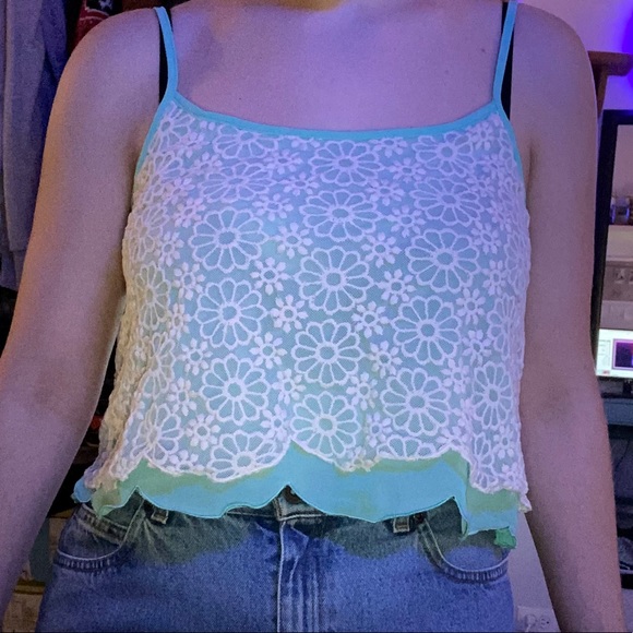 DOUBLE ZERO LAYERED AQUA WHITE LACE TANK TOP - Picture 2 of 16